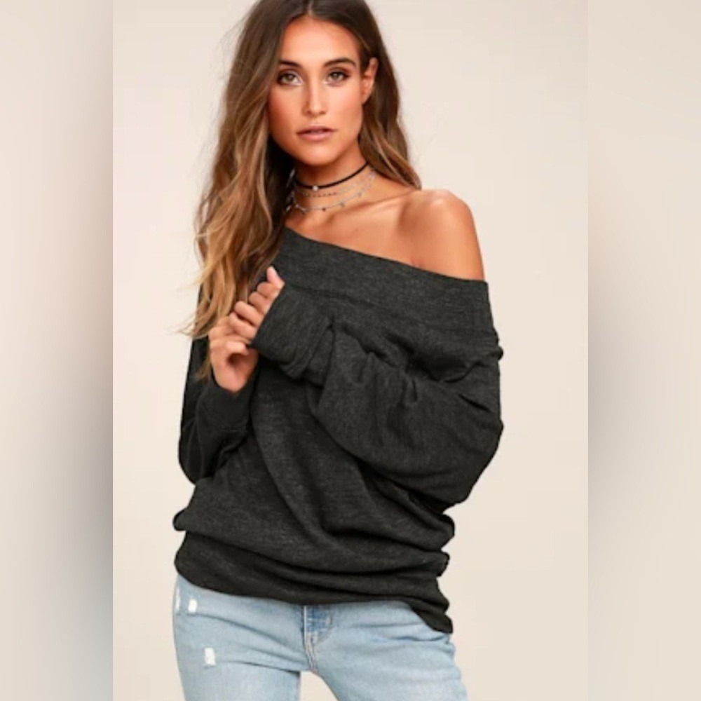 We The Free Free People Palisadez Dark Grey Off The Shoulder Slouchy Sweater L